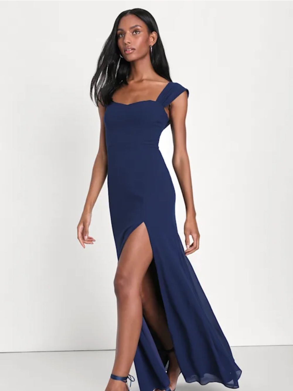 Lulu's Navy Off-Shoulder Maxi Dress with High Slit